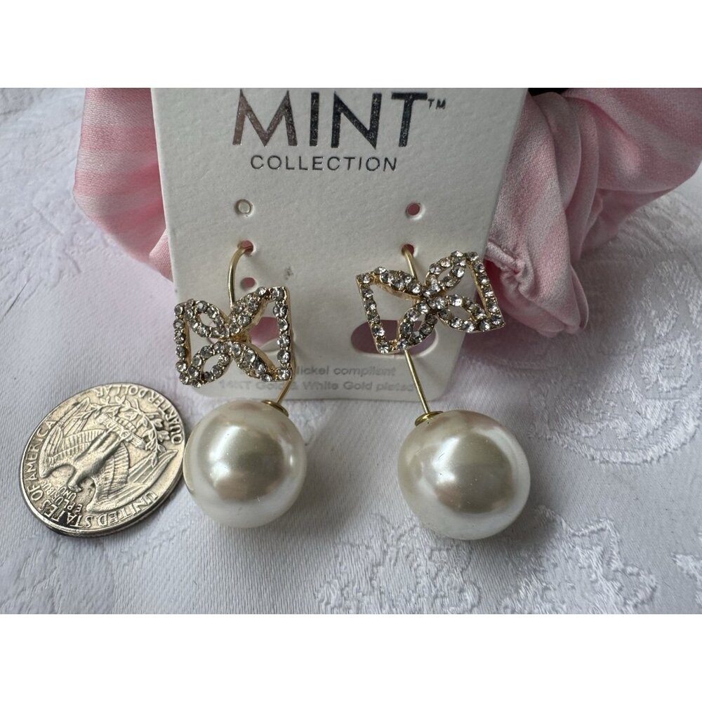 Mint 14KT White & Gold Plated Goldtone Pearl Bow Lead Free CZ Earrings NEW